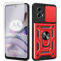 Zestaw Etui do Motorola Moto G13 / G23 pancerne, z ochroną aparatu i ringiem, czerwone + szkło