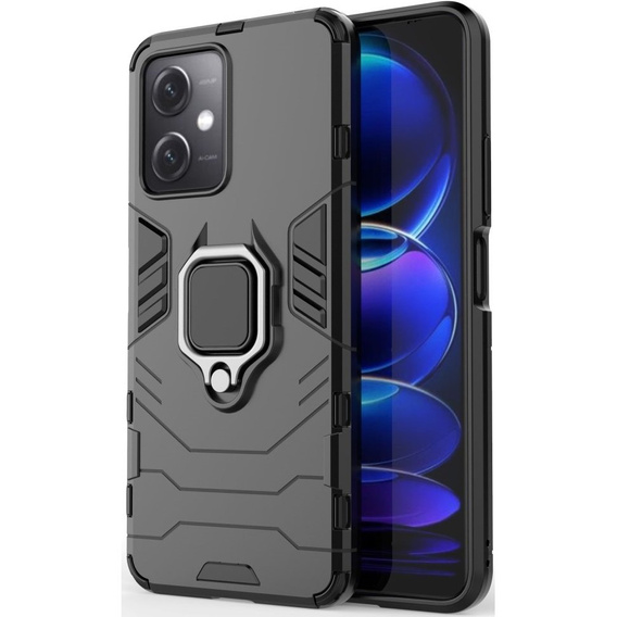 Zestaw Etui do Xiaomi Redmi Note 12 5G / POCO X5 5G, pancerne KickStand z ringiem, czarne + szkło