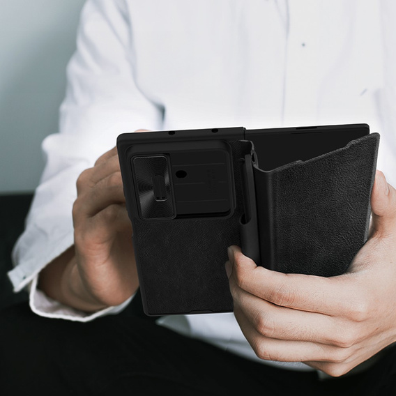 Etui z klapką NILLKIN do Samsung Galaxy Z Fold7, CamShield Qin Pro, skórzane z rysikiem, czarne