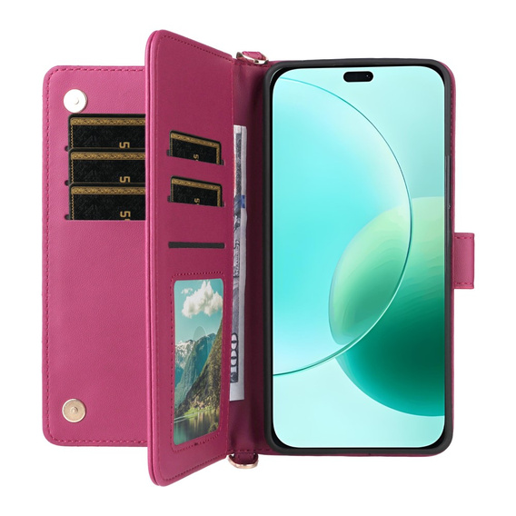 Etui portfelowe do Honor 400 Lite – różowe, z paskiem na ramię i nadgarstek, funkcją podstawki