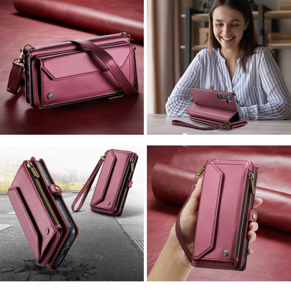 Etui CASEME do Samsung Galaxy S24 FE, RFID Leather Wallet, z paskiem na ramię, czerwone