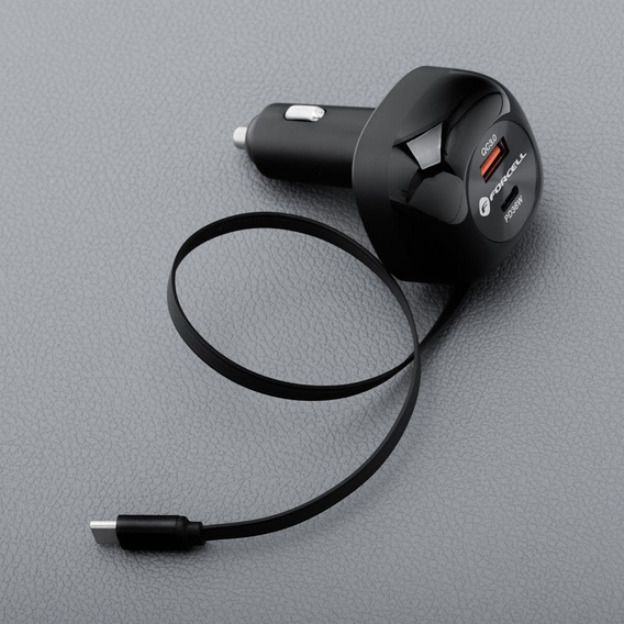 Ładowarka samochodowa Forcell F-Energy Alu USB C + USB A + zwijany kabel USB C PD QC4.0 SFC2.0 3A 75W - czarna
