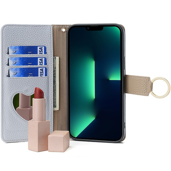 Etui z klapką do iPhone 15 Pro Max, Wallet Zipper Pocket, z lusterkiem, niebieskie