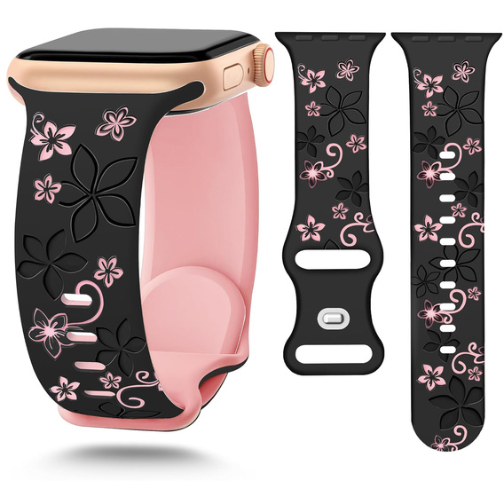 Pasek Silikonowy do Apple Watch 1/2/3/4/5/6/7/8/9/10/11/SE Ultra 1/2/3 42/44/45/46/49mm, Floral, Czarny / Różowy