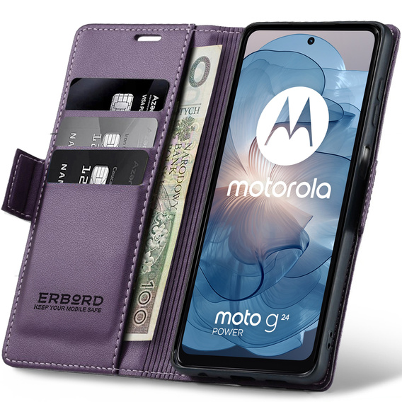 Etui do Motorola Moto G24 / G24 Power / G04, ERBORD Glossy Litchi, portfel z klapką, fioletowe