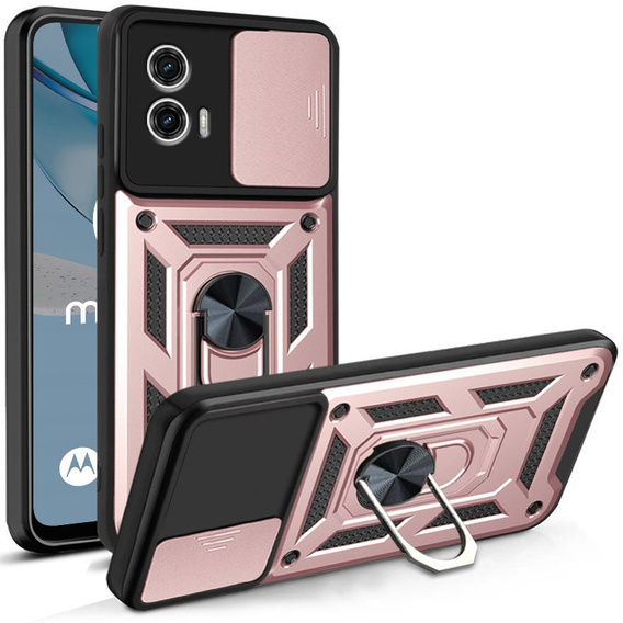 Zestaw Etui do Motorola Moto G53 5G pancerne, z ochroną aparatu i ringiem, różowe rose gold + szkło