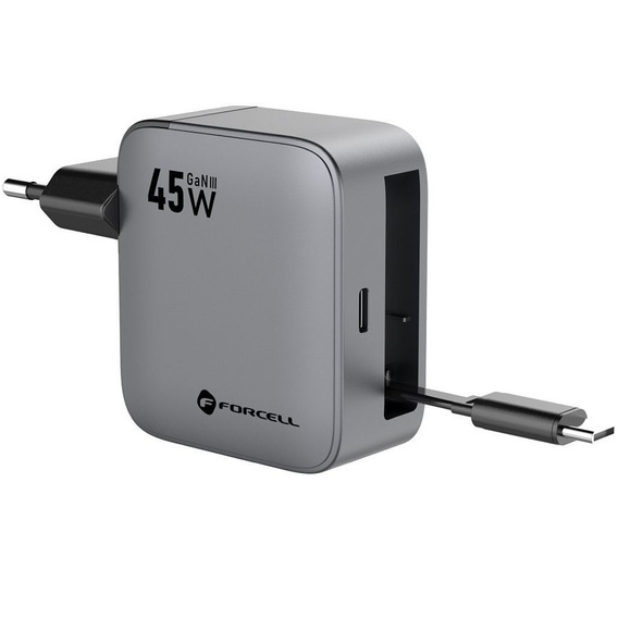 Ładowarka sieciowa do telefonu Forcell F-Energy GaN USB C + zwijany kabel USB C PD QC4.0 3A 45W VT-R5 - szara