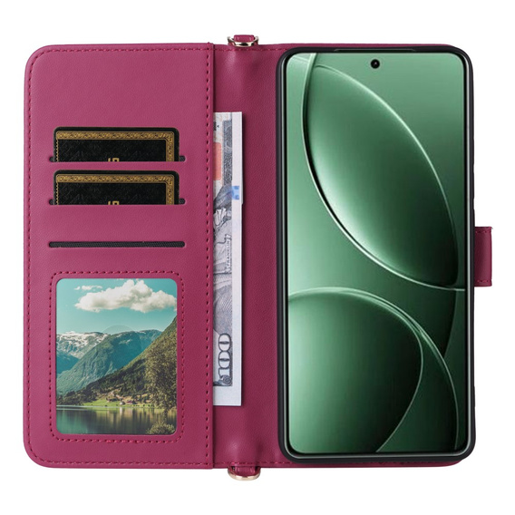 Etui z klapką do Xiaomi Poco F7 Ultra, Crossbody Leather Wallet, bordowe