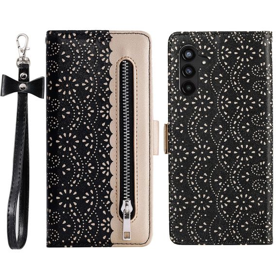 Etui z klapką do Samsung Galaxy A54 5G, Wallet Pocket Zipper Lace, czarne