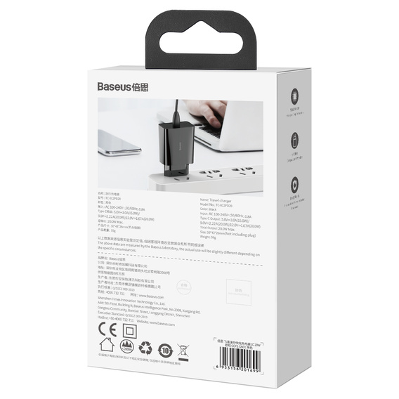 Baseus ładowarka sieciowa Speed Mini PD 20 W, 1× USB-C, czarna