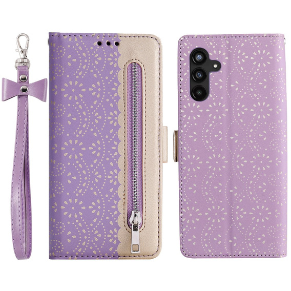 Etui z klapką do Samsung Galaxy A35 5G, Wallet Pocket Zipper Lace, fioletowe