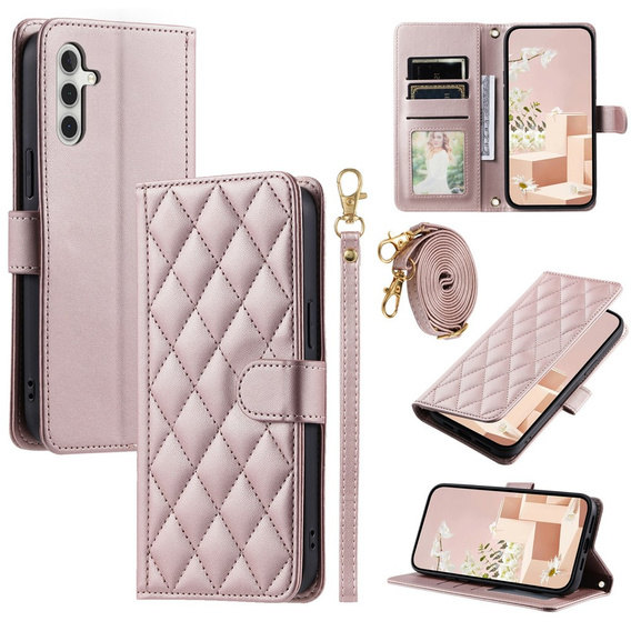 Etui z klapką do Samsung Galaxy S25 FE, Rhombus Crossbody Leather, różowe rose gold