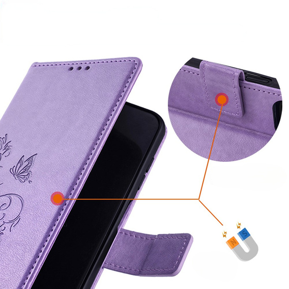 Etui z klapką do Motorola Moto E14, Butterflies, fioletowe
