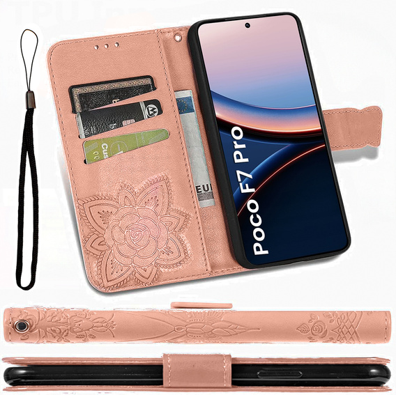 Etui z klapką do Xiaomi Poco F7 Pro, Butterfly, różowe rose gold