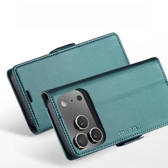 Etui do iPhone 17 Pro Max, ERBORD Glossy Litchi, portfel z klapką, zielone
