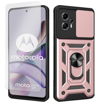 Zestaw Etui do Motorola Moto G13 / G23 pancerne, z ochroną aparatu i ringiem, różowe rose gold + szkło