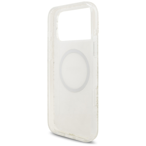 Etui GUESS do iPhone 17 Pro Max, IML Flowers Electroplated Allover With Beads Strap, do MagSafe, z paskiem, białe