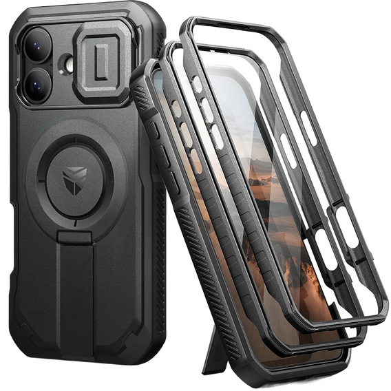 Etui Dexnor do iPhone 17 z osłoną kamery i podstawką, do MagSafe - czarne (Dwie ramki)
