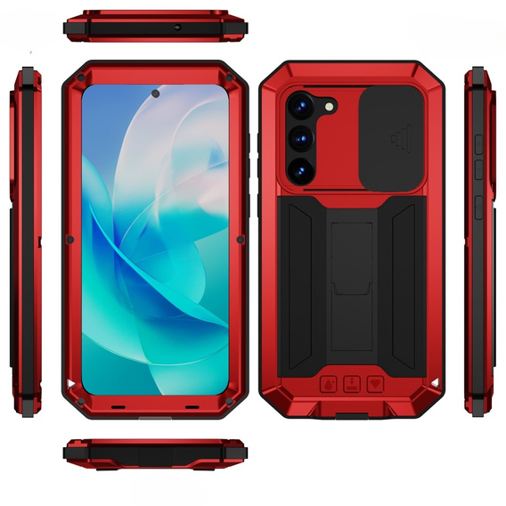 Etui pancerne do Samsung Galaxy S23, R-JUST CamShield Slide, czerwone / czarne