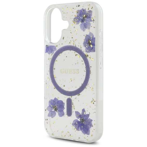 Etui GUESS do iPhone 16, Resin Flowers and Glitter, do MagSafe, fioletowe
