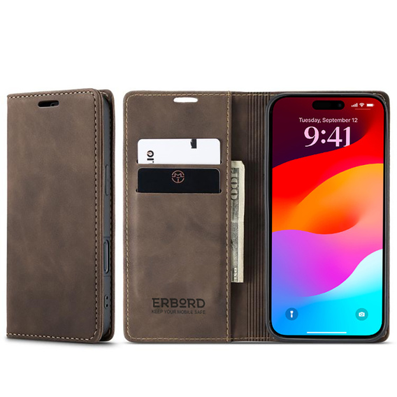 Etui do iPhone 17 Pro Max, ERBORD Vintage portfel z klapką, brązowe