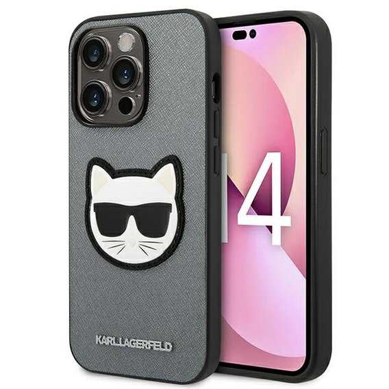 Etui Karl Lagerfeld do iPhone 14 Pro, Saffiano Choupette Head Patch, srebrne