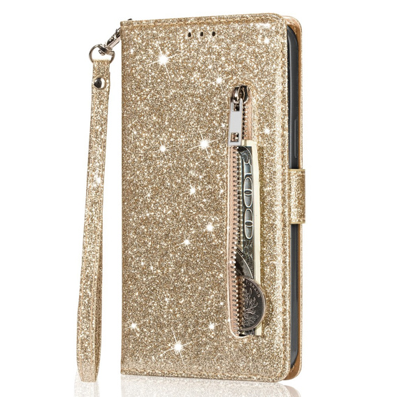 Etui z klapką do Samsung Galaxy A35 5G, Wallet Zipper Pocket Glittery, złote