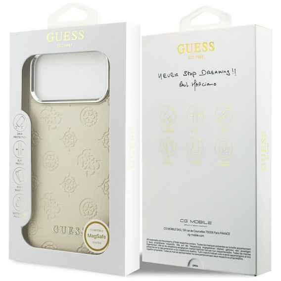 Etui GUESS do iPhone 17 Pro Max, Peony Hot Stamp Script, do MagSafe, beżowe