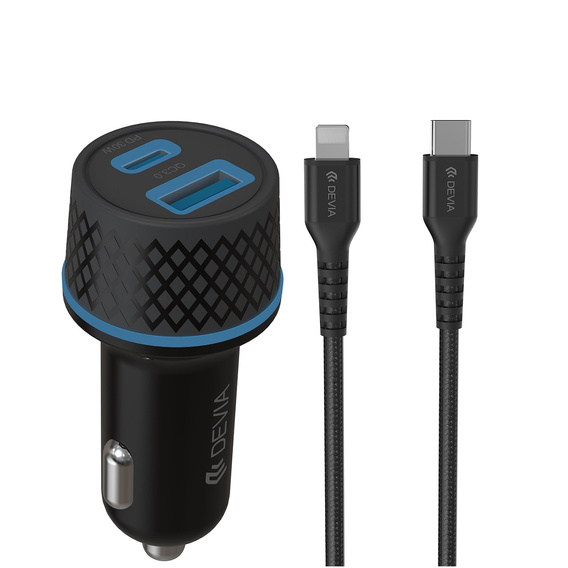Devia ładowarka samochodowa Extreme PD + QC 52,5W 1x USB-C 1x USB czarna + kabel USB-C – Lightning