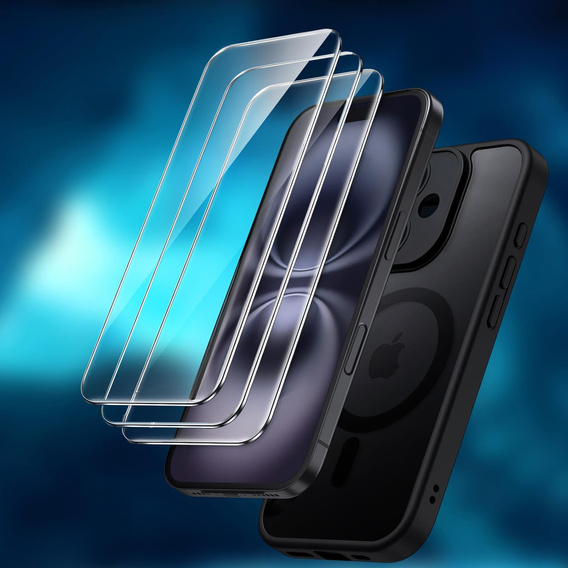 Zestaw Etui do iPhone 16, do MagSafe, ERBORD Matt Case, czarny + 3x Szkło na ekran