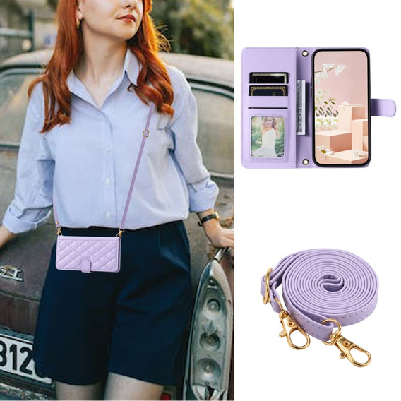 Etui z klapką do Samsung Galaxy A16, Rhombus Crossbody Leather, fioletowe