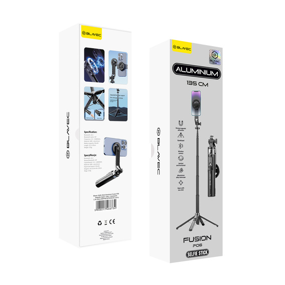 Blavec Selfie Stick Aluminium Fusion P06 Magsafe tripod + pilot + mocowanie 1,34 metra - czarny