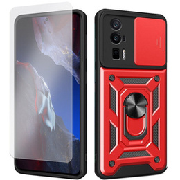 Zestaw Etui pancerne do Xiaomi Poco F5 Pro, Nox Camera Slide, czerwone + Szkło
