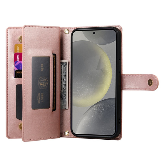 Etui z klapką do Samsung Galaxy S25, Wallet Zipper Pocket, różowe