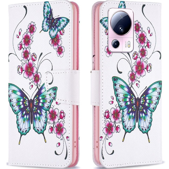 Etui z klapką do Xiaomi 13 Lite, Wallet, Butterflies & Flowers białe