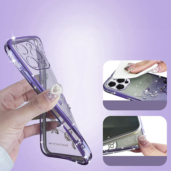 Etui do iPhone 16 Pro Max, Glitter Flower, fioletowe