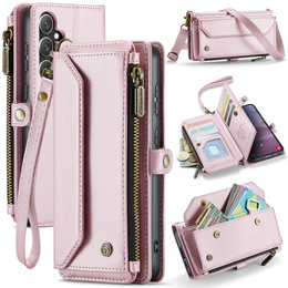 Etui CASEME do Samsung Galaxy S25 FE, RFID Leather Wallet, z paskiem na ramię, różowe