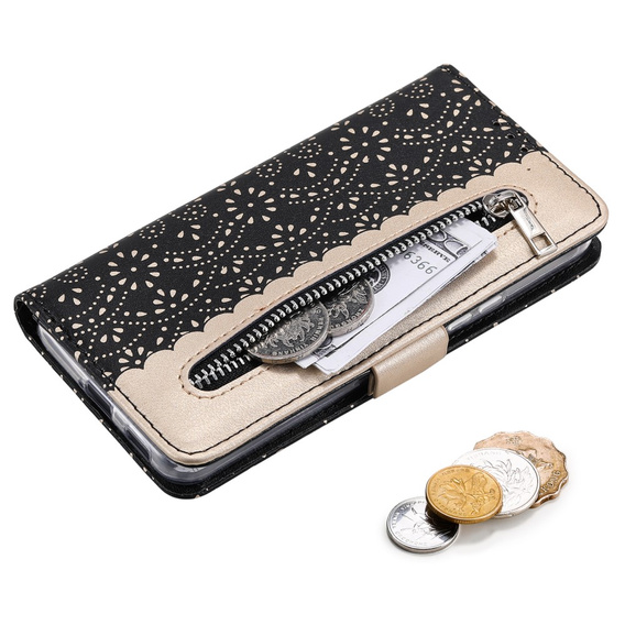 Etui z klapką do Samsung Galaxy S22+ Plus 5G, Wallet Pocket Zipper Lace, czarne