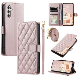 Etui z klapką do Samsung Galaxy S25 FE, Rhombus Crossbody Leather, różowe rose gold