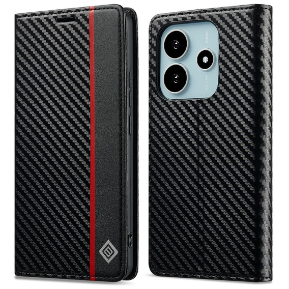 LC.IMEEKE Etui Portfelowe z Teksturą Włókna Węglowego do Xiaomi Redmi Note 14 4G - Czarne