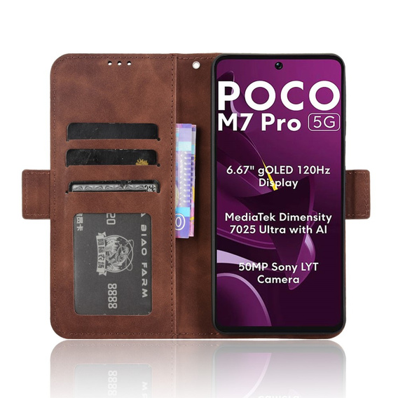 Etui z klapką do Xiaomi Poco M7 Pro 5G, Card Slot, brązowe