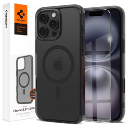 Etui z MagSafe Spigen do iPhone 16 Pro Max, Ultra Hybrid "T", matowe przezroczyste / czarne + Szkło Hartowane 9H