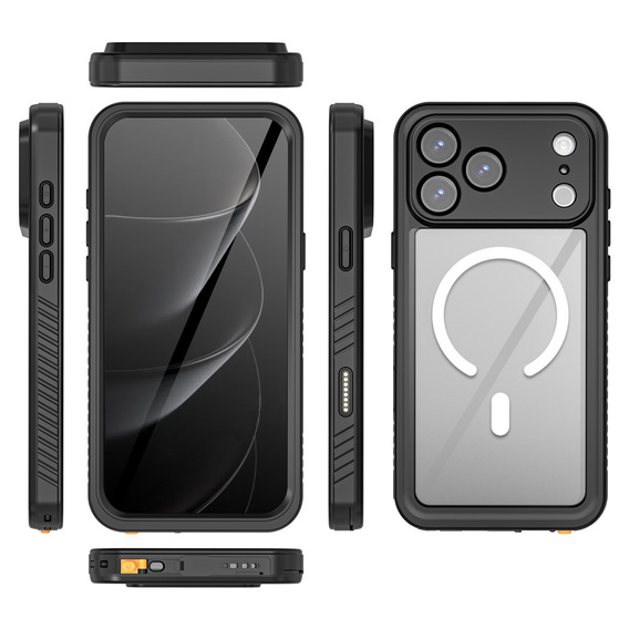 Etui Wodoodporne IP68 do iPhone 17 Pro Max, Redpepper, do MagSafe, przezroczyste z czarną ramką