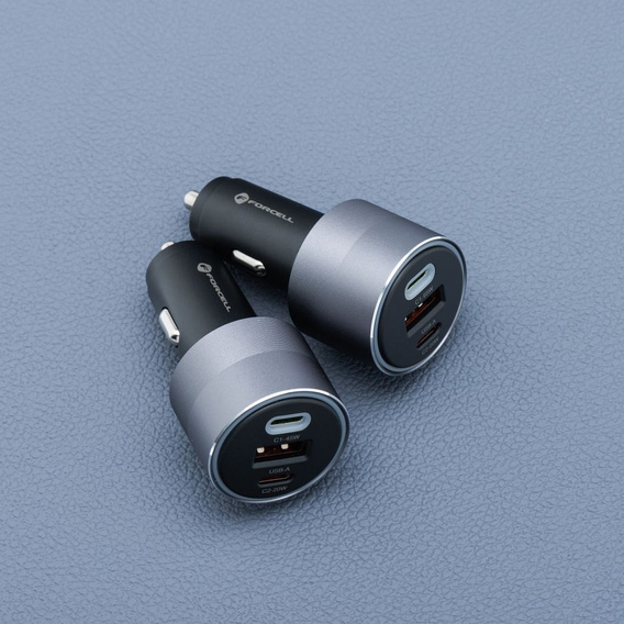 Ładowarka samochodowa Forcell F-Energy Alu 2 × USB-C + USB-A QC4.0 PD SFC2.0 3A 85W - szara
