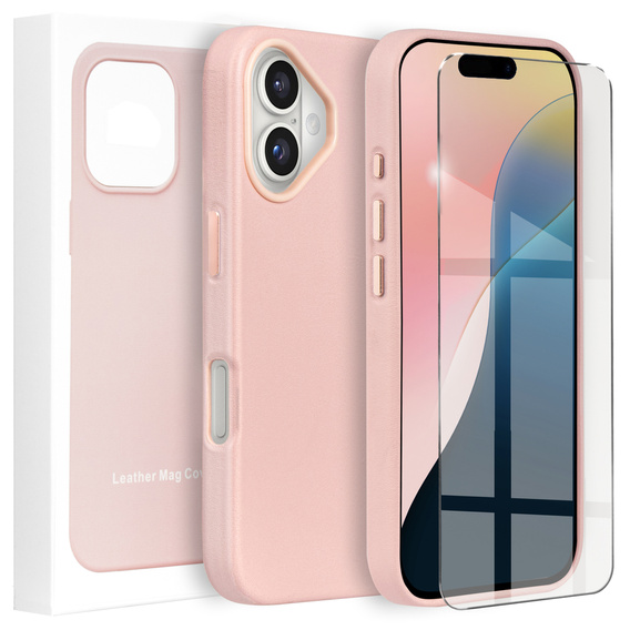 Skórzane Etui do MagSafe do iPhone 16, różowe + Szkło Hartowane 9H