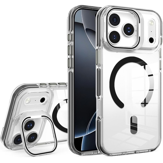Etui do iPhone 17 Pro Max, do MagSafe, z podstawką, przezroczyste z czarnymi akcentami