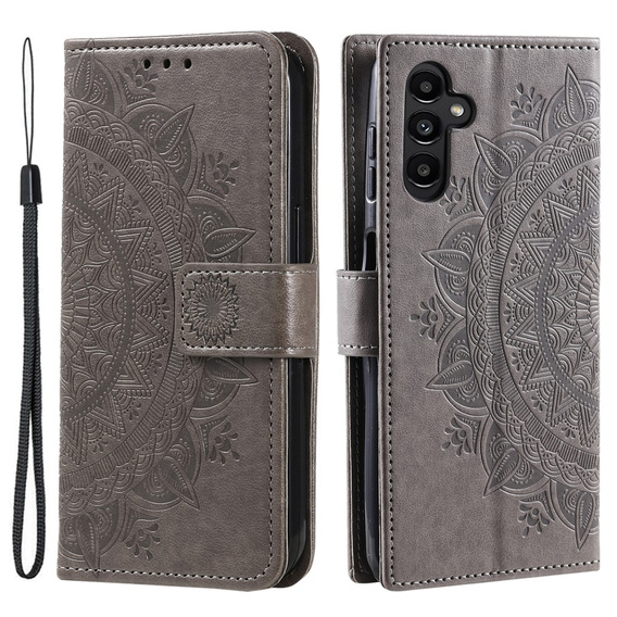 Etui z klapką do Samsung Galaxy A15, Mandala Flower, szare + szkło 9H