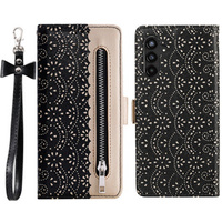 Etui z klapką do Samsung Galaxy A55 5G, Wallet Pocket Zipper Lace, czarne