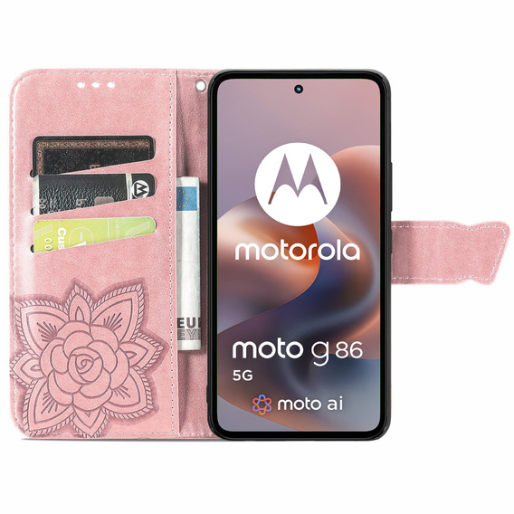 Etui z klapką do Motorola Moto G86 5G, Butterfly, różowe rose gold