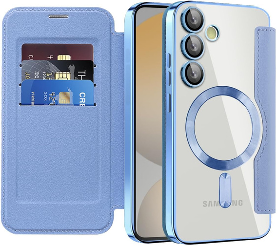 Etui z klapką do Samsung Galaxy S25 FE, RFID Wallet MagSafe z ochroną aparatu, niebieskie